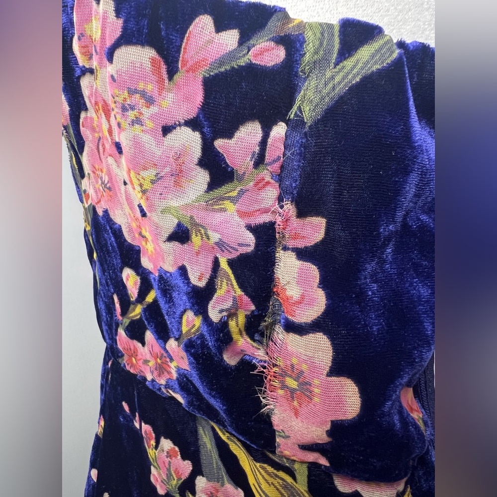 Bloom In Mind Navy Blue Floral Print Velvet Strapless Maxi Dress *Damaged - Picture 6 of 14